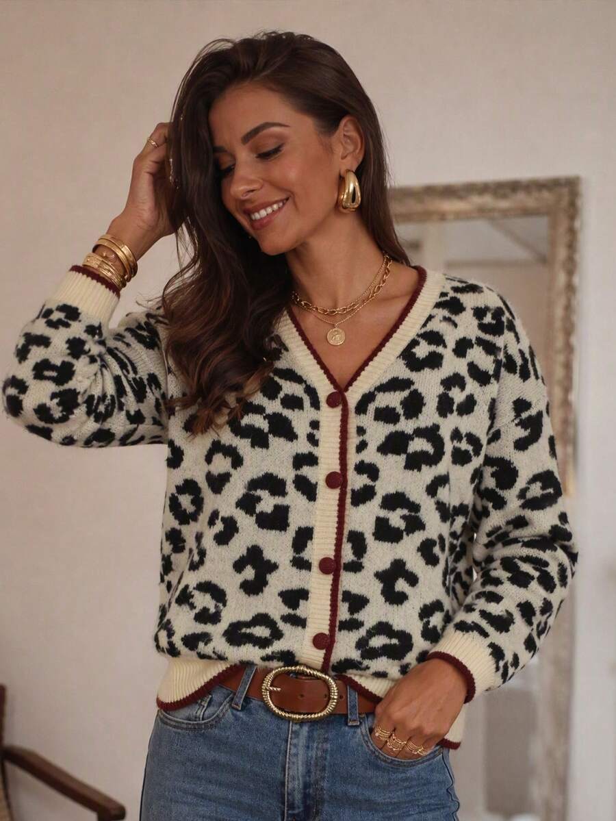Women Plus Size Leopard Print V-Neck Button Cardigan, Long Sleeve Autumn Fashion Top - Apricot - View 1