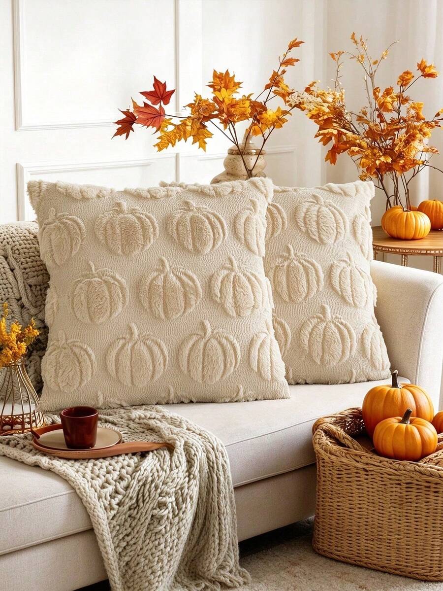 1/2Pcs Fall Pumpkin Throw Pillow Covers, Soft Suede Jacquard Cushion Covers With Hidden Zipper, Beige Base Orange Pumpkin Jacquard Pattern, 18*18 Inches, Farmhouse Harvest Decor For Sofa Bed, Halloween Thanksgiving Christmas Holiday Home Decor