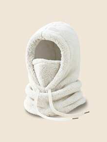 1pc/2pcs Unisex Solid Color Plush Balaclava, Drawstring Windproof Integrated Hood Scarf Face Mask, Thickened Warm Winter Neck Warmer Hat, Suitable For Outdoor Cycling - Multicolor - View 14