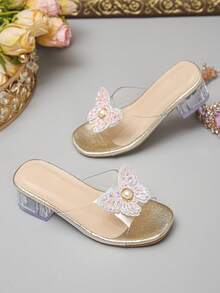 Little Girls High Heel Crystal Slippers, Elegant Wedding & Occasion Shoes, Comfortable & Versatile, Suitable For Party & Travel, Butterfly Pearl Design - Rose Gold - View 2