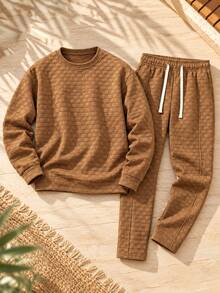 2pcs Coffee Color 3D Checkered Embossed Men's Set, Men's T-Shirt + Men's Pants, Breathable Soft Knit Fabric, Machine Washable, Simple Casual Vacation Style, Early Autumn Short Trip Home Vacation Outfit - Coffee Brown - View 5