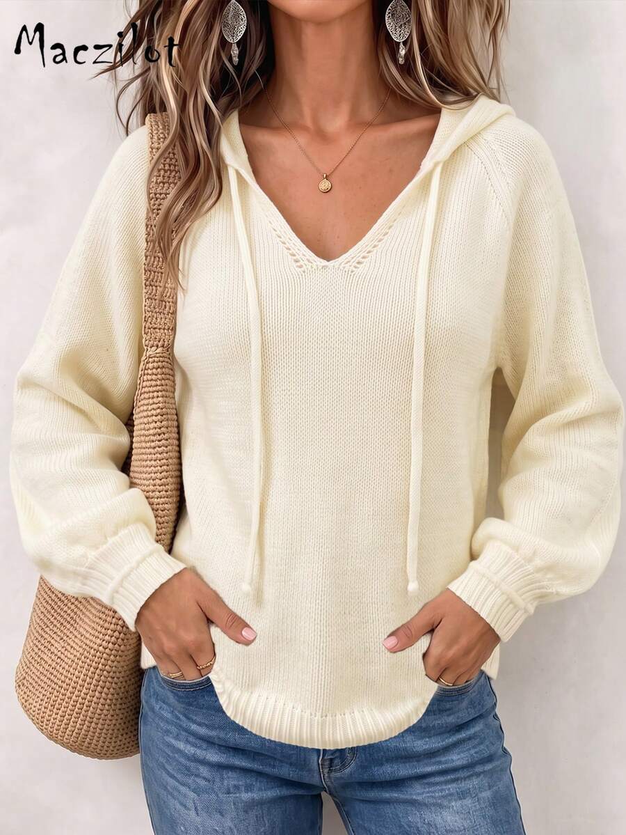 Sweater Rajut Berkerudung Tali Serut Ukuran Besar untuk Wanita, Pullover Lengan Lentera Leher V, Atasan Hangat Pas Badan untuk Perjalanan Musim Gugur/Musim Dingin - Aprikot - View 1