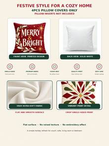 4 Buah Sarung Bantal Geometris Vintage Natal, Tulisan Merry & Bright, Pola Kepingan Salju, Ornamen & Rusa Kutub, Dekorasi Sofa Kamar Tidur Gaya Modern Pertengahan Abad Amerika, Cetakan Satu Sisi Super Lembut Imitasi, Isian Bantal Tidak Termasuk - MultiWarna - View 8