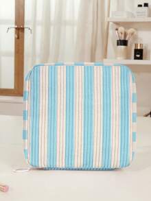 1pc Striped Printing Corduroy Multi-Compartment Storage Zipper Sanitary Napkin Pouch, Portable Travel Period Bag For Student ,Women - Multicolor - View 2