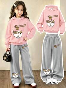 Girls Sweet Casual Capybara Cartoon Print Hoodie & Loose Pants 2-Piece Set, Autumn/Winter Daily Home & Outdoor - Pink - View 1