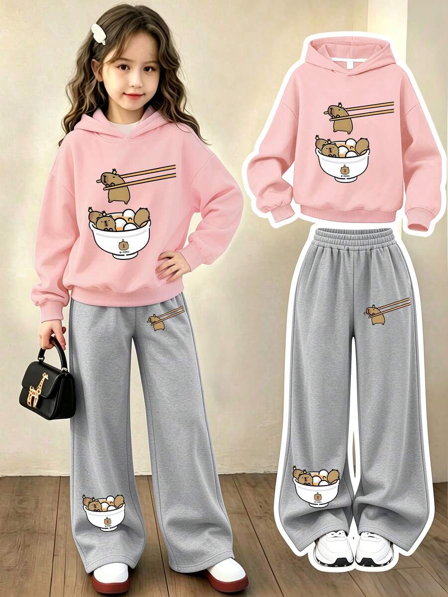 Girls Sweet Casual Capybara Cartoon Print Hoodie & Loose Pants 2-Piece Set, Autumn/Winter Daily Home & Outdoor - Pink - View 1