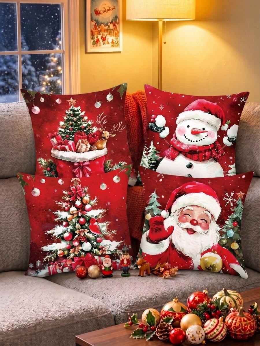 4件組聖誕紅色枕頭套 45*45cm 抱枕套，聖誕老人、雪人、聖誕樹圖案，拉鍊式靠墊套，聖誕節裝飾，冬季居家裝飾，客廳臥室用（不含枕芯）