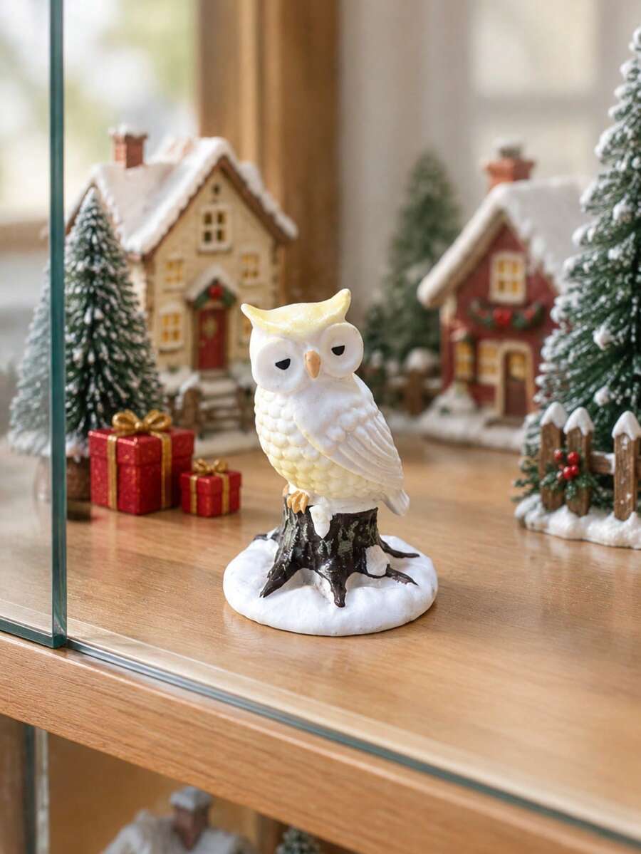 Resin Christmas Snow Owl Figurine, Winter Snowy Owl On Tree Stump Statue, Small Tabletop Xmas Home Decor For Mantel Window Shelf, Christmas Village Scene Accessory, Holiday Gift - Christmas Snowy Owl - View 1