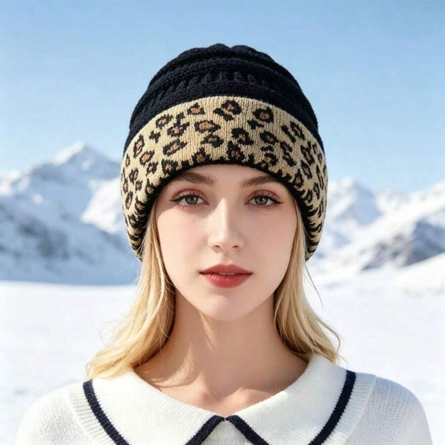 1 Women's Leopard Print Cuff Knitted Beanie, Unisex, Warm Solid Textured Winter Outdoor Ski Hat - A - View 1