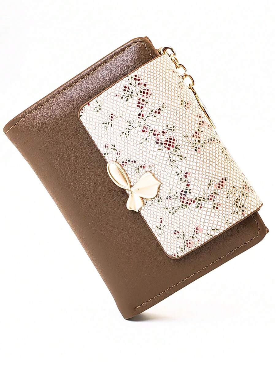 New Floral Patchwork PU Leather Short Women's Wallet, Multi-Color Sweet & Cute Bi-Fold Card Holder, Simple Coin Purse With Ribbon Strap - Multicolor - View 1