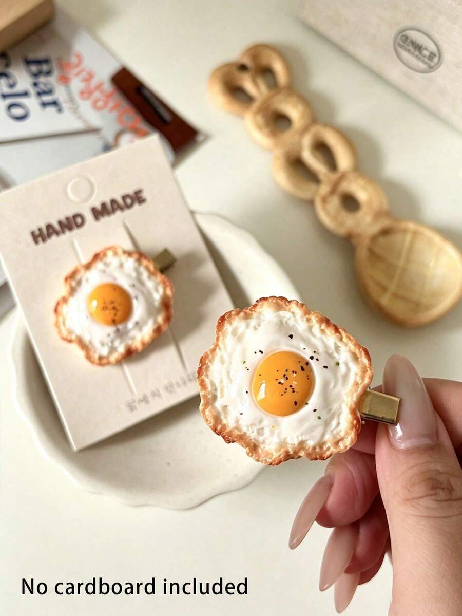 1pc Realistic Fried Egg Hair Clip, Exquisite Fun Food Hair Accessory Alligator Hair Clip (No Card) - Multicolor - View 1