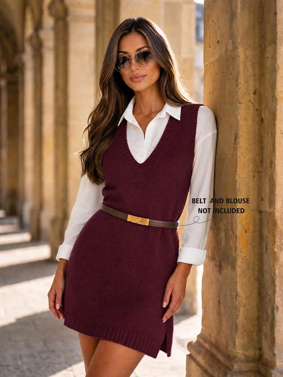 Women's Solid Color V-Neck Minimalist Daily Side Slit Sleeveless Knit Dress, Anchor Red Casual Autumn Style. Does Not Include A Belt Or Shirt.