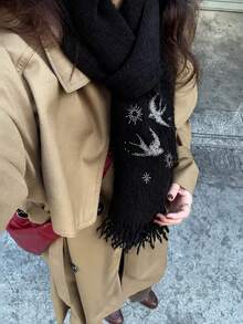 1PC Vintage Y2K Women Cozy Knit Scarf With White Embroidered Swallow Star Pattern Warm Fall Winter Neck Wrap For Christmas Holiday Party Gift - Black - View 5