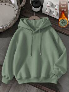 Women's Casual Green Fleece Hoodie, Leopard Print "Amore" Graphic, Drop Shoulder Long Sleeve Pullover, Ribbed Details, Fashionable And Warm - Bean Green - View 3