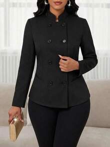 Women's Fashionable Black Double-Breasted Blazer, Button Detail Design, Long Sleeve Regular Fit Polyester Jacket, Perfect For Creating Elegant Guest Looks Or Casual Outings. - Black - View 1