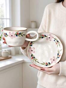 1set Hand Painted Pink Floral Berry Ceramic Mug And Saucer Set, Aesthetic Wavy Coffee Latte Cup, Home Kitchen Drinkware - Multicolor - View 3