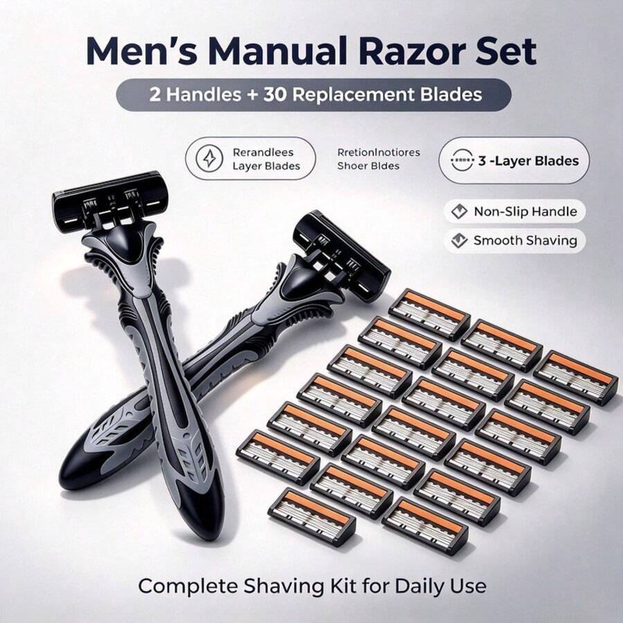 3-Layer Manual Razor Set, 1/2 Handle With 6/12/18/24/36blade , Stainless Steel Manual Shave Razors For Daily Face Care3-Layer Stainless Steel Razor Blades For Men - Replaceable For Smooth Shaves
