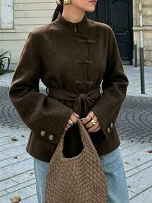 Women's Fashion Vintage Brown Overcoat, Long Sleeve, With Belt, Suitable For Autumn/Winter Daily Wear And Gatherings - Mocha Brown - View 3