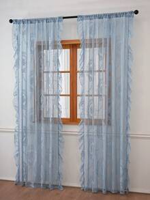 1pc Luxury French Country Style Round Floral Lace Trim Curtain Sheer Partition Curtain Holiday Decoration - Dusty Blue - View 7