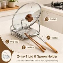 304 Stainless Steel Spoon Rack, Pot Lid Holder With Drip Tray, Small Portable Design, Suitable For Use On Stove And Kitchen Countertop, Durable And Space-Saving Design, Applicable For Kitchen Stove-Related Scenarios - Silver - View 6