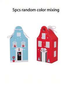 5pcs/Set Christmas Theme European Style Red & Blue 3D Square House Shaped Birthday Party Gift Box, Creative Cartoon Christmas Cottage Surprise Gift Box, Premium Portable Gift Box, Vintage European Door & Window Pattern, Christmas Gift - Gift Box - View 7