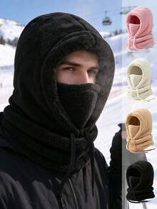 1pc/2pcs Unisex Solid Color Plush Balaclava, Drawstring Windproof Integrated Hood Scarf Face Mask, Thickened Warm Winter Neck Warmer Hat, Suitable For Outdoor Cycling - Multicolor - View 1