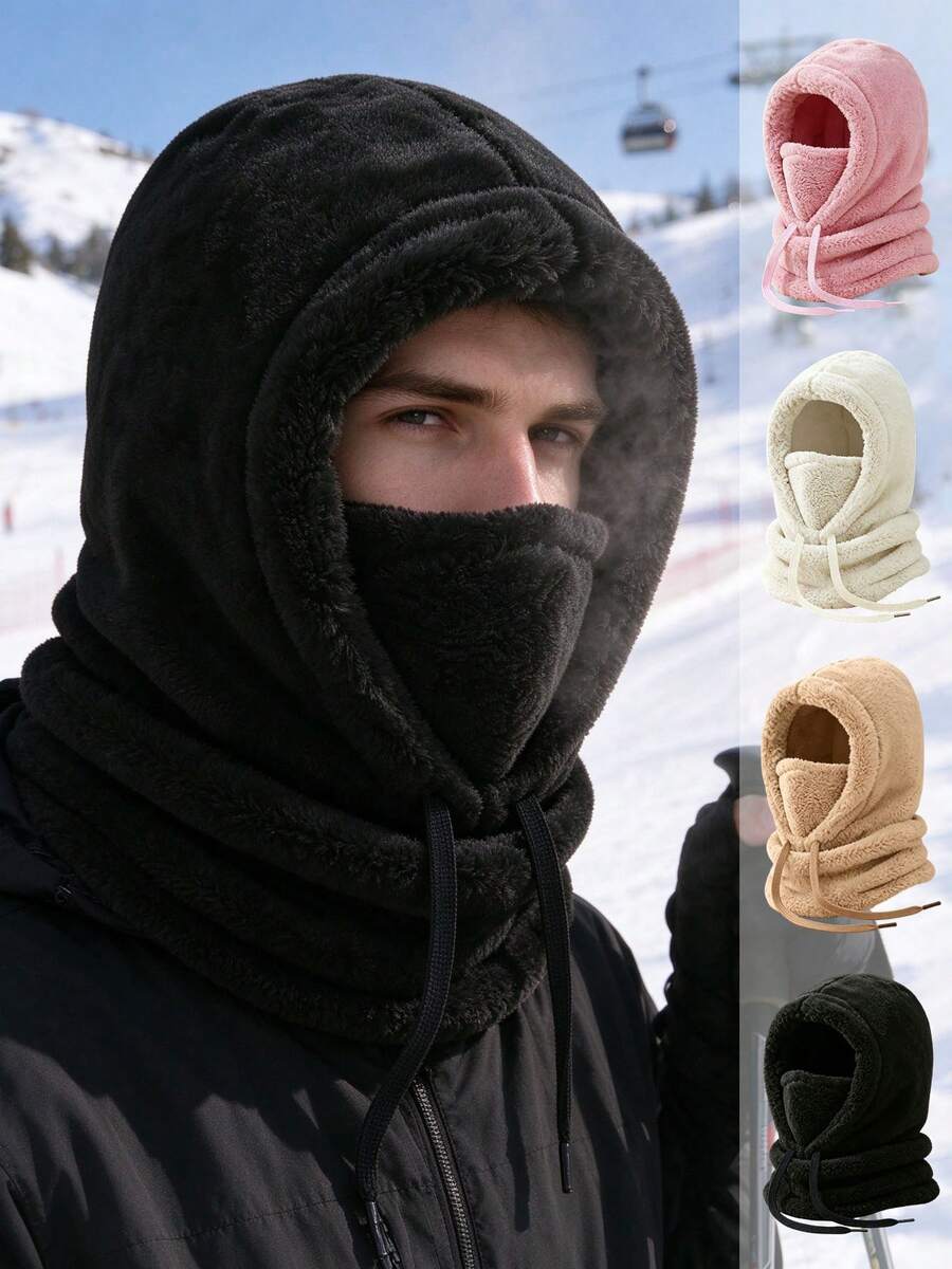 1pc/2pcs Unisex Solid Color Plush Balaclava, Drawstring Windproof Integrated Hood Scarf Face Mask, Thickened Warm Winter Neck Warmer Hat, Suitable For Outdoor Cycling - Multicolor - View 1