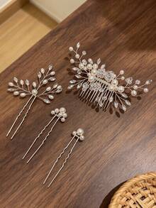 4pcs Handmade Crystal Pearl Vine Hair Accessories Set, Bridal Hair Comb & U-Shaped Hair Pin Set, Luxury Headpiece For Wedding, Party, Banquet - Multicolor - View 4