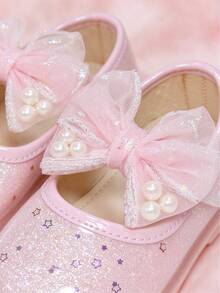 Girls' New Pink Glitter Mary Jane Princess Shoes, Mesh Pearl Bow Hook And Loop Soft Sole Round Toe Shoes, Suitable For Performance, Birthday, Holiday, Party And Daily Wear - Pink - View 7
