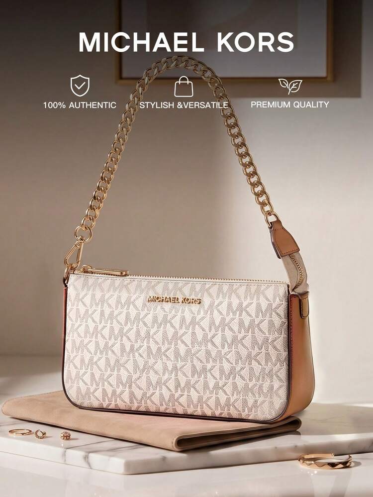 Michael Kors MK Jet Set Medium Signature Logo Bag, Fashionable Metal Chain Shoulder Bag For Women, Zipper Square Tote Bag, Suitable For Shopping, Travel, Daily Wear - white brown - View 9