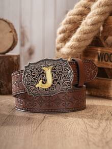 1pc Western Cowboy Style Belt With Letter Embossed Metal Buckle, PU Leather Embossed Belt, Unisex (Includes 1 Hole Puncher) - Coffee Brown - View 9