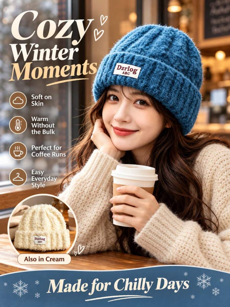 Women's Soft Plush Ribbed Knit Beanie, Warm Elastic Cuffed Winter Hat With Label Patch, Fuzzy Cuffed Hat, One Size Casual Cold Weather Hat, Suitable For Daily Wear, Outdoor Travel, Skiing, Autumn/Winter Accessory - Plush - View 1
