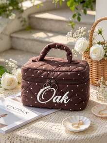 1PC Personalized Embroidered Name Polka Dot Quilted Makeup Bag, Custom Text Portable Top Handle Cosmetic Storage Bag, Zipper Travel Toiletry Organizer, Bridesmaid Birthday Gift For Women - Multicolor - View 5