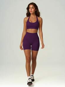 UONNOU 2Pcs Halter Sports Bra & High Waist Butt Lifting Biker Shorts, Women Stretch Yoga Workout Matching Set - Purple - View 8