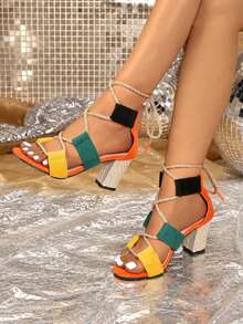 Women's Chunky High Heel Sandals Casual Open Toe Peep-Toe Lace-Up Shoes - Orange - View 1