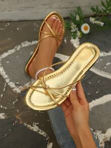 Women's Simple Strappy Woven Beach Sandals - Gold - View 10