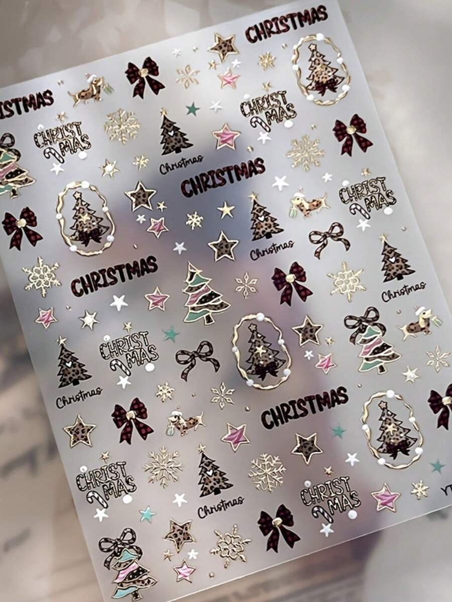 Christmas Nail Stickers Leopard Print Christmas Tree Bow Snowflake Pattern Self-Adhesive Holiday Nail Art Decals - Multicolor - View 1
