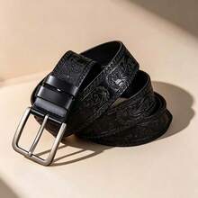 Carved Vintage Personalized Business Belt, Fashion Denim Belt, Thick Metal Buckle, Smooth Comfortable Scratch-Resistant Wear-Resistant Buckle, Premium Exquisite Embossed Tang Grass Pattern Leather Body, Personalized Bold Design, Suitable For Daily Outings And Formal Occasions, Suitable For Suits, Denim Jeans And Various Pants, Suitable As Birthday Gift For Father, Friend, Husband - Black - View 6