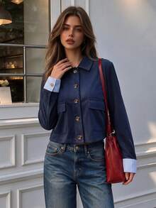 Jaket Pendek Wanita Elegan Musim Gugur Warna Biru Tua, Berkerah, Kancing Depan, Manset Bergaris Kontras, Saku Plaket, Pakaian Luar, Mantel Kantor, Sehari-hari, Liburan, Festival - Navy Blue - View 8