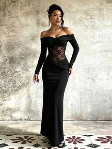 Autumn Black Off Shoulder Lace Dress, Women's Elegant Dress For Homecoming, Party, Date - Black - View 4