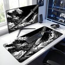 1 قطعة وسادة ماوس بتصميم موجة سوداء وسيف ساموراي ياباني، مخطط ألوان أسود وأبيض، حصيرة سطح مكتب كبيرة، تصميم حافة مخيطة، قاعدة مطاطية مانعة للانزلاق، مناسبة للمكتب المنزلي، حجم اختياري، هدية للصديق/الصديقة - مشاهدة 11