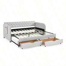 Twin Size Upholstery Daybed With Trundle Bed And Two Storage Drawers Flat Arms With Pocket Extendable Daybed For Bedroom Living Room Linen Beige - Beis - Ver 9