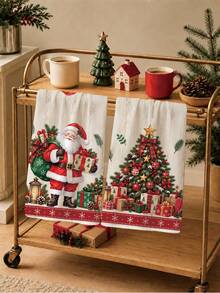 2PCS Kitchen Towel, Christmas Santa Claus & Christmas Tree Pattern Kitchen Towel Dish Cloth, American Vintage Style 40*60cm Rectangular Soft Microfiber Cleaning Kitchen Towel, Perfect For Kitchen, Dining Room And Bathroom Use, Kitchen Decor, Home Decor, Neighbor Housewarming Gift, Dish Cloth - Multicolor - View 7