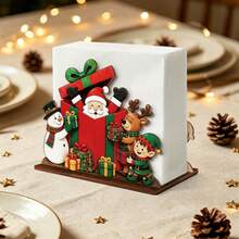 2D Flat Wooden Christmas Table Centerpiece, Christmas Wooden Napkin Holder, Santa Claus Gift Box With Snowman Elf Reindeer Design Napkin Dispenser, Suitable For Table, Restaurant, Bar, Hotel, Home Kitchen Tabletop Decoration - Multicolor - View 3