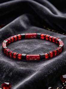 Elegant Red Imperial Stone 5mm Tube Bead Bracelet, Symbolizing Power, Love, Wisdom And Inner Peace, Handmade Elastic Cord Spiritual Jewelry, Suitable For Daily Wear - Red - View 4
