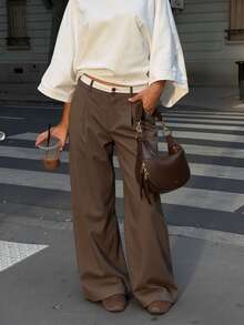 Women's Brown Casual Long Pants, Contrast Button Detail, Suitable For Daily Wear, Outings And Work, Autumn Women's Dress Pants - Brown - View 3