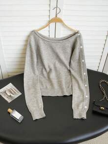 Cold Shoulder Wide Neck Short Knit Sweater, Light Gray Dropped Shoulder Loose Long Sleeve Basic Slouchy - Grey - View 10