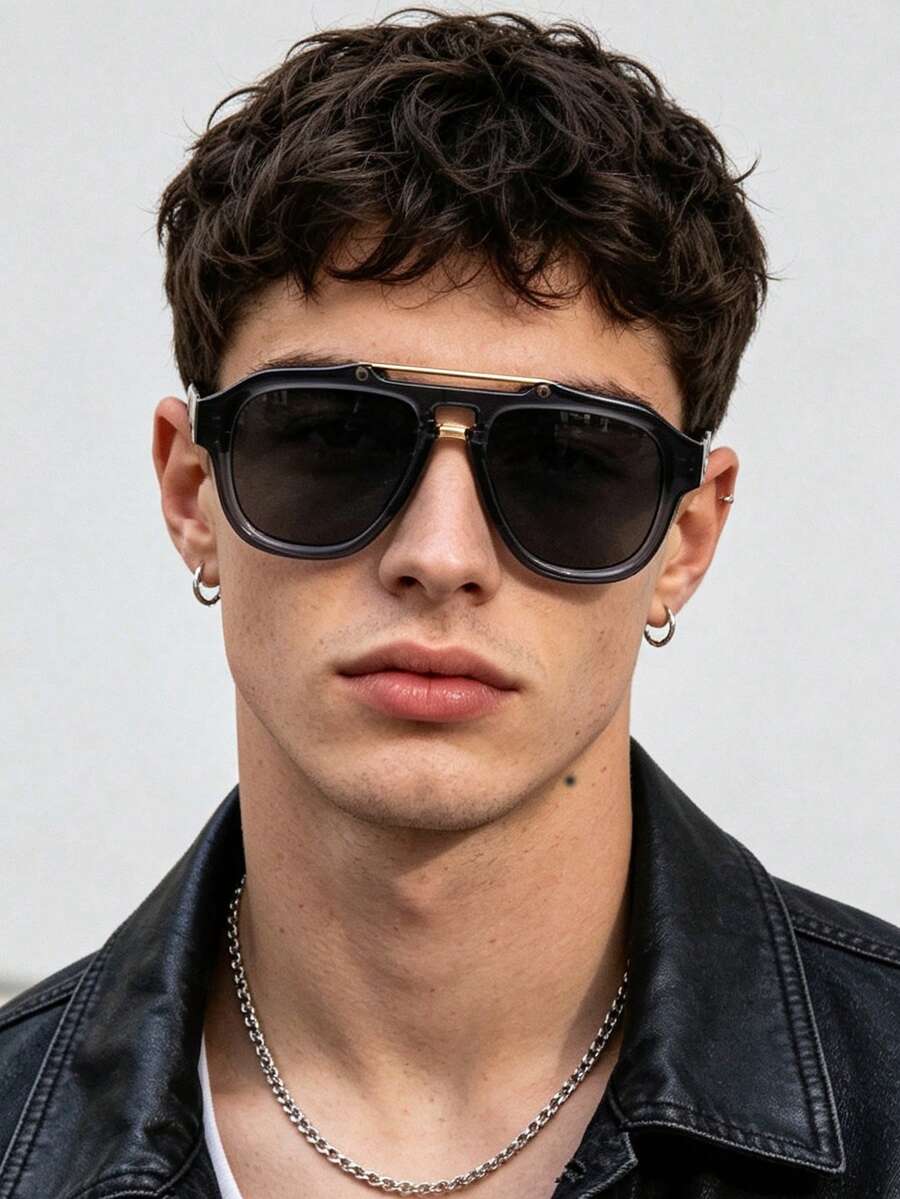 1 PC Men's Lightweight Aviator Fashion Glasses Double Beam Frame Gold Bar Decor Retro Chic For Commuting Vacation Outing With Glasses Box - Multicolor - View 1