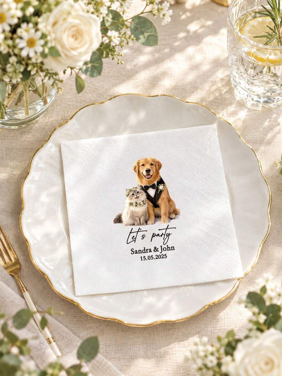Personalized Pet Cocktail Napkins Custom Paper Napkins Beverage Dessert Napkins Wedding Anniversary Engagement Party Dog Cat Wedding Napkins - Multicolor - View 1