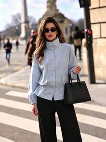 QIANZHIDU SUNSTORY Women's Autumn Light Blue Stand Collar Single-Breasted Elastic Waist Ruffle Hem Long Sleeve Blouse, Suitable For Commuting, Daily Outings, Shopping - Baby Blue - View 6